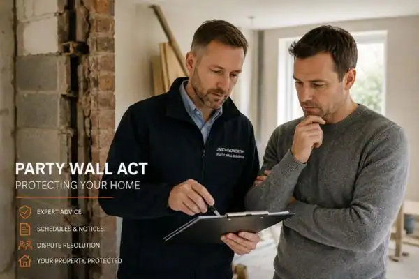 Party wall surveyor Huntingdon discussing extension plans with homeowner outside a UK semi-detached house.